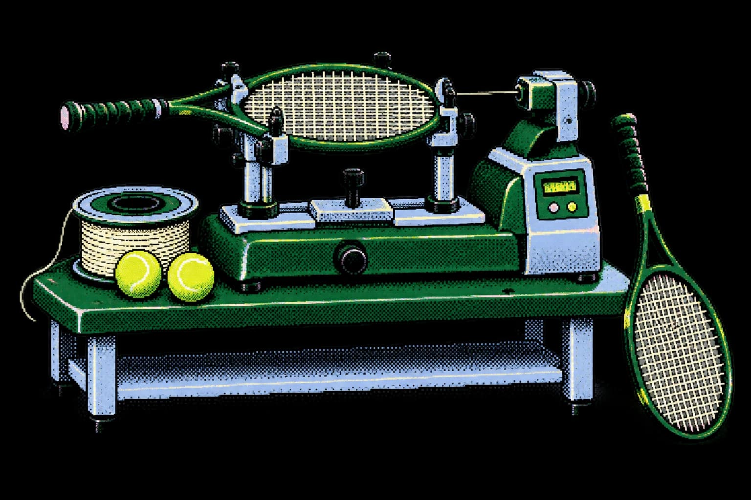 A dithered illustration of a tennis stringing station